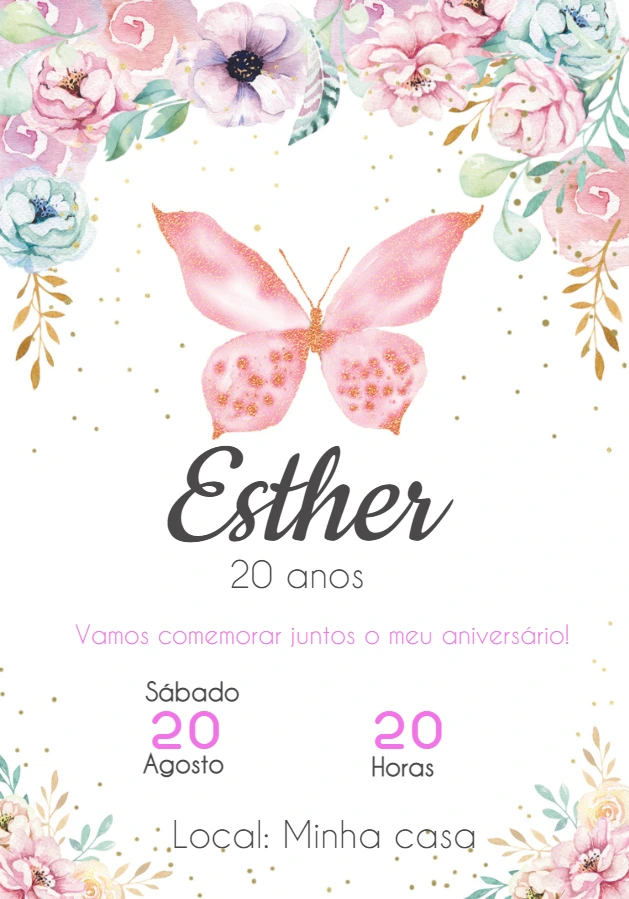 Convite de Aniversário Borboleta e Flores para Editar Online