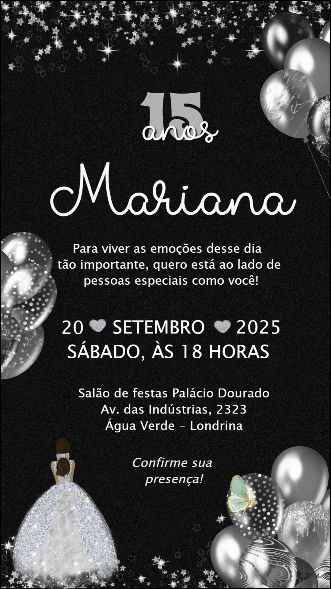 Convite de 15 anos Debutante Preto e Prata Editável