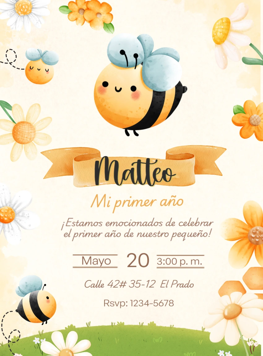 Invitación Primer Añito de Abejita Tierna para Editar