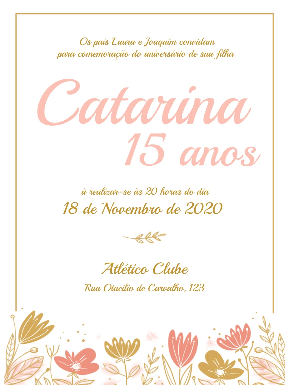 Convite 15 Anos Floral Rosa e Dourado para Editar Online