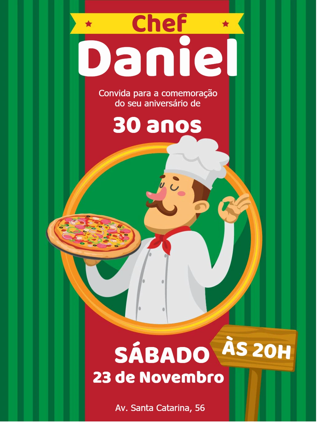 Convite de Aniversário Pizzaria com Chef para Editar Online