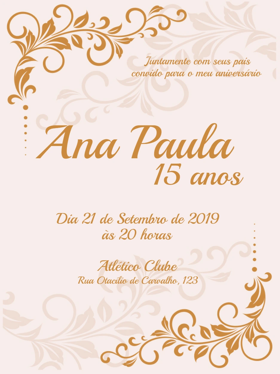 Convite 15 anos Clássico Dourado para Editar Online