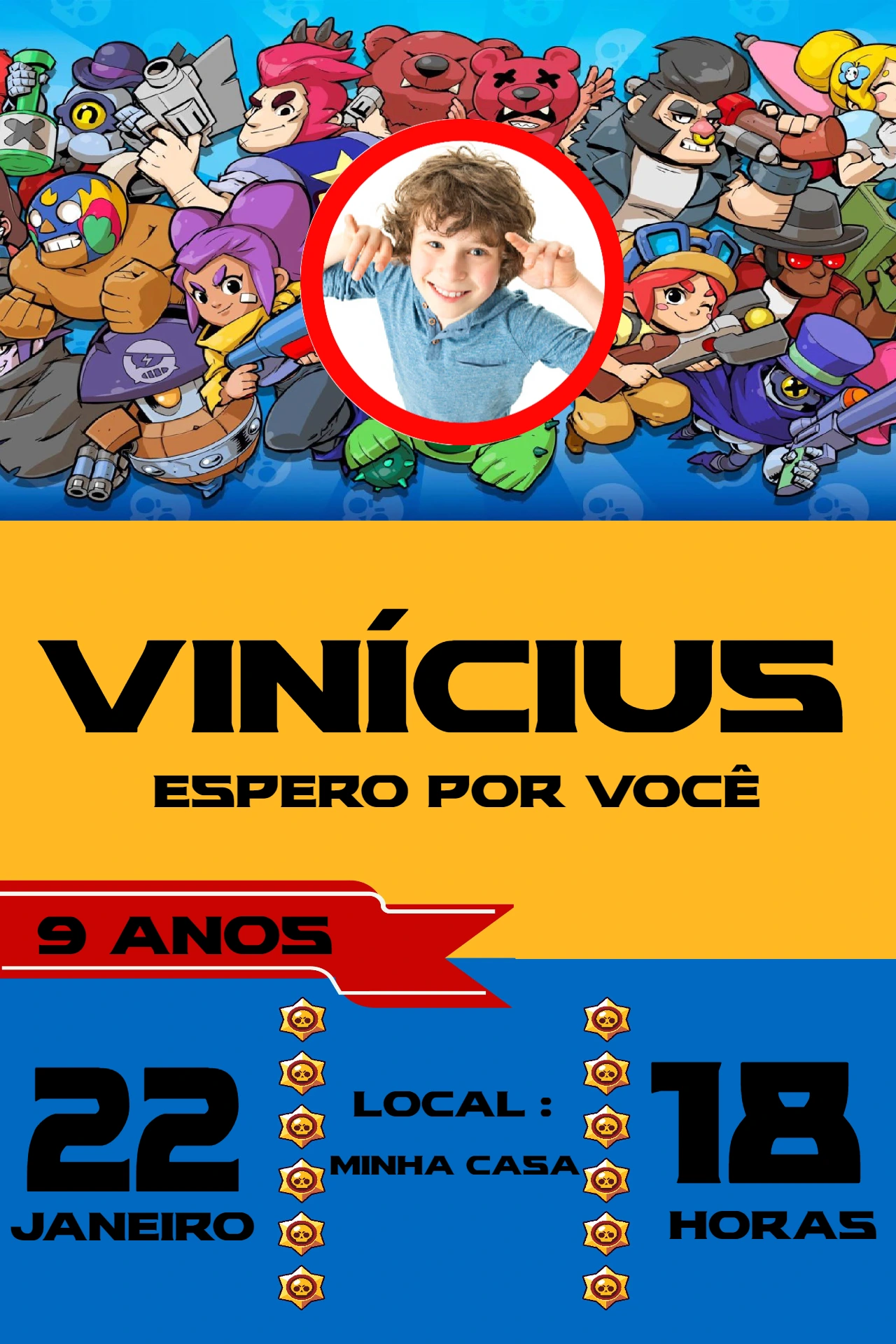 Convite de Aniversário Brawl Stars com Foto para Editar Online