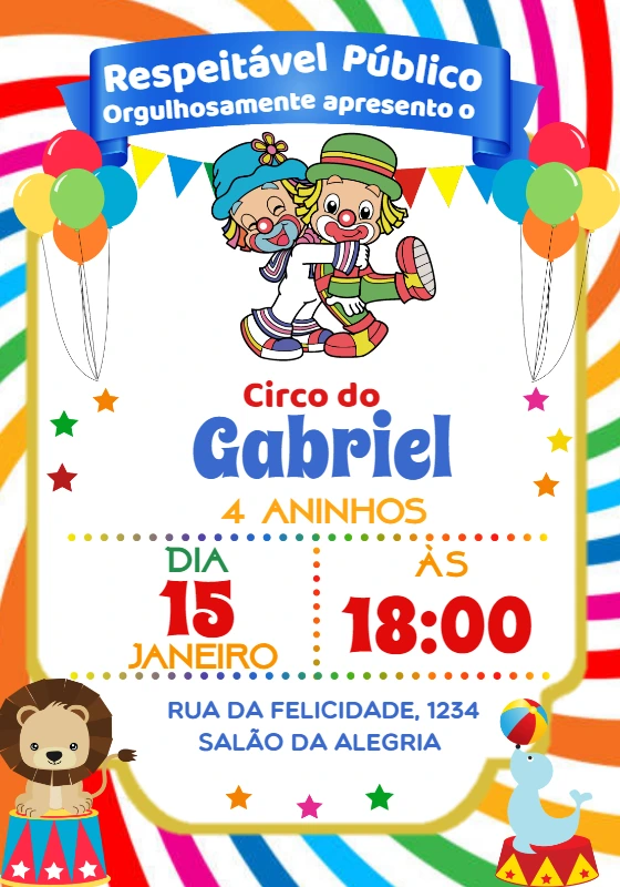 Convite Aniversário Circo com Palhaços para Editar Online