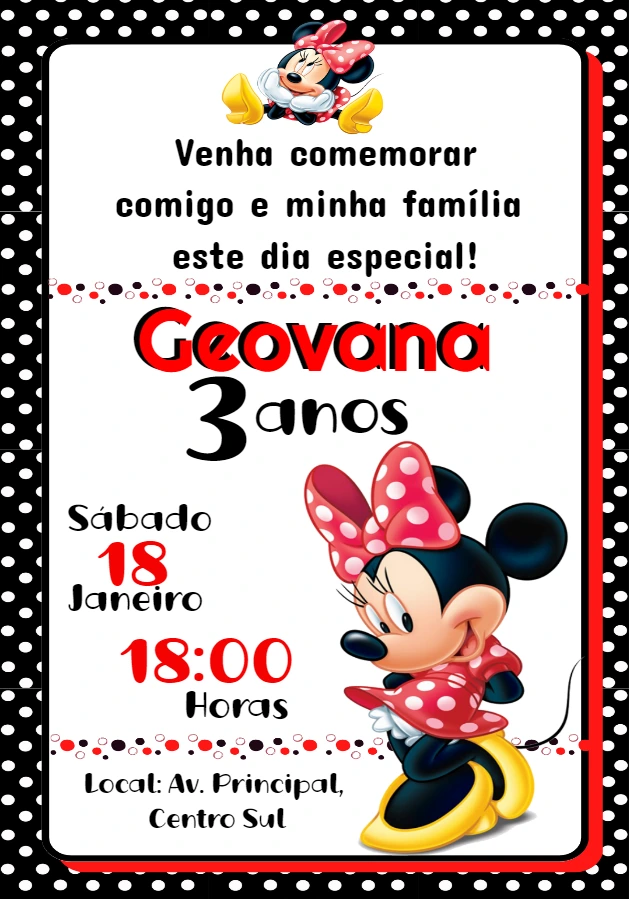 Convite de Aniversário Minnie Vermelha para Editar Online