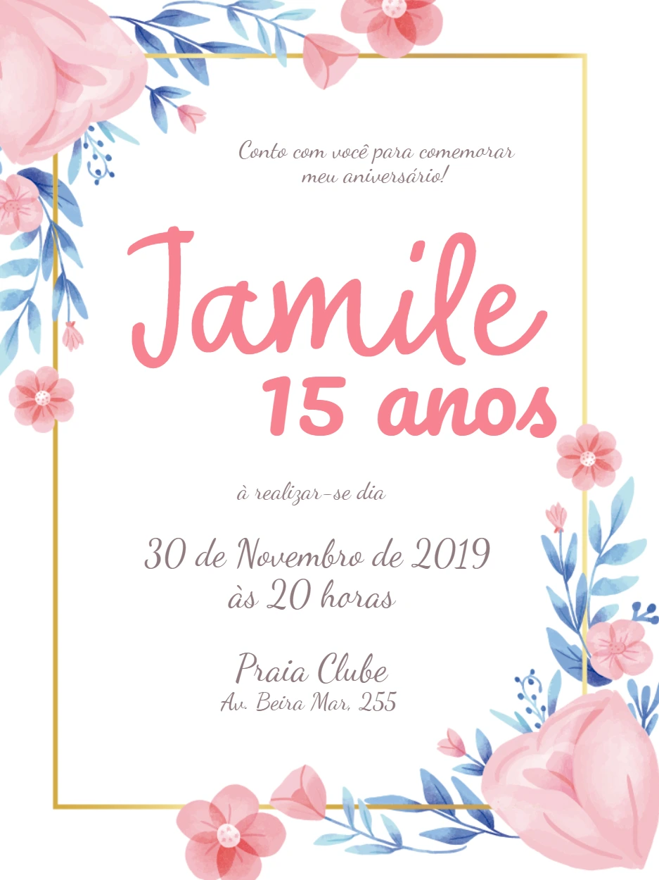 Convite de 15 Anos Floral Rosa para Editar e Imprimir