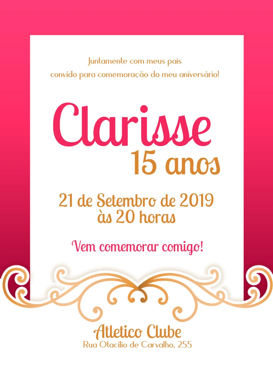 Convite de 15 Anos Rosa e Dourado Elegante para Editar Online