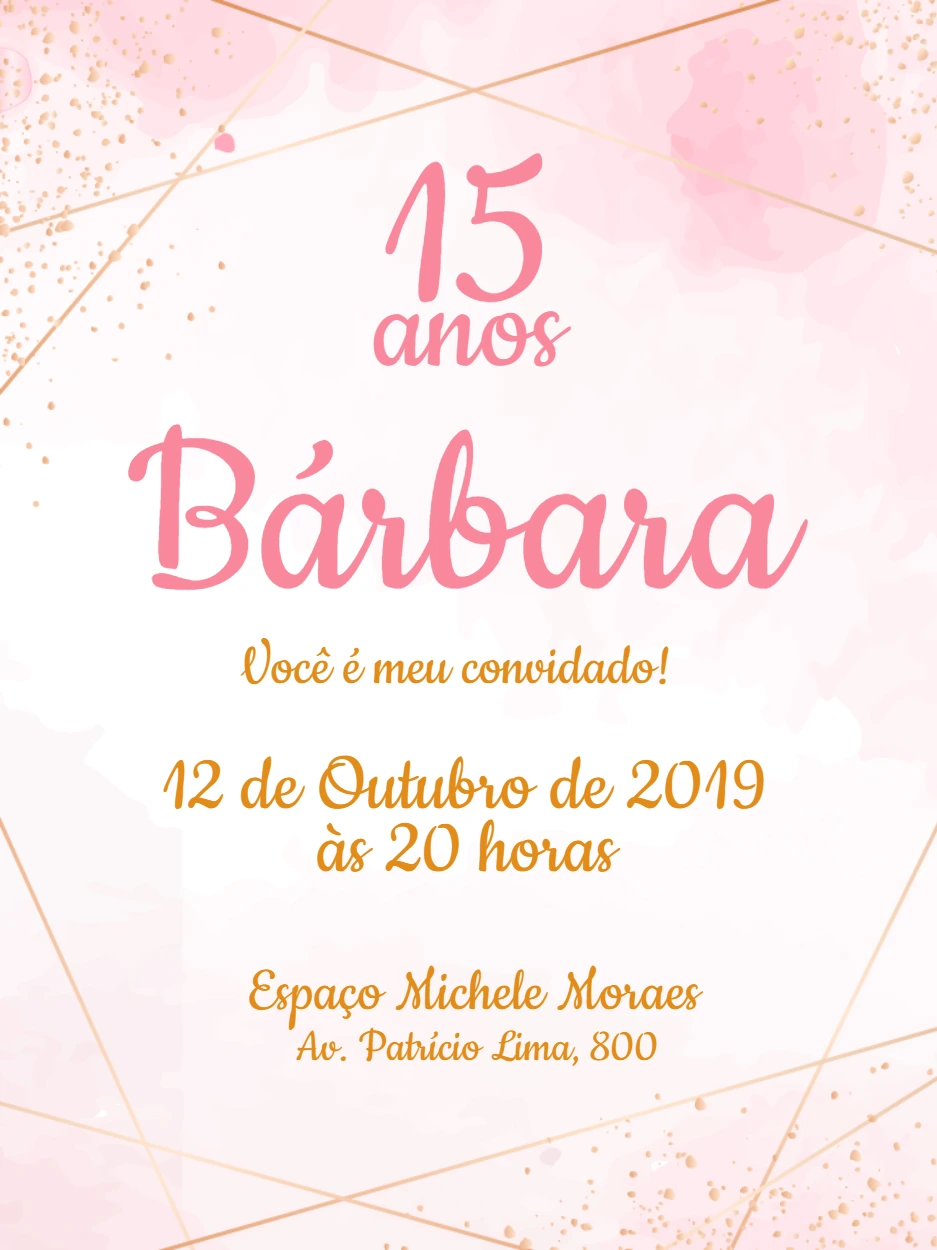 Convite 15 Anos Rosa e Dourado com Glitter para Editar Online