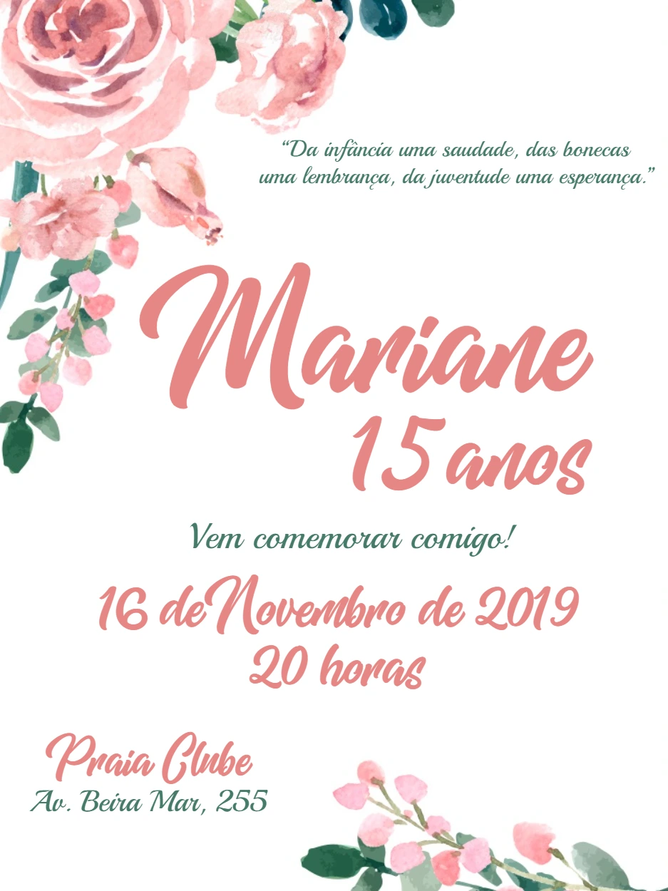Convite de 15 Anos Floral Rosa para Editar Online