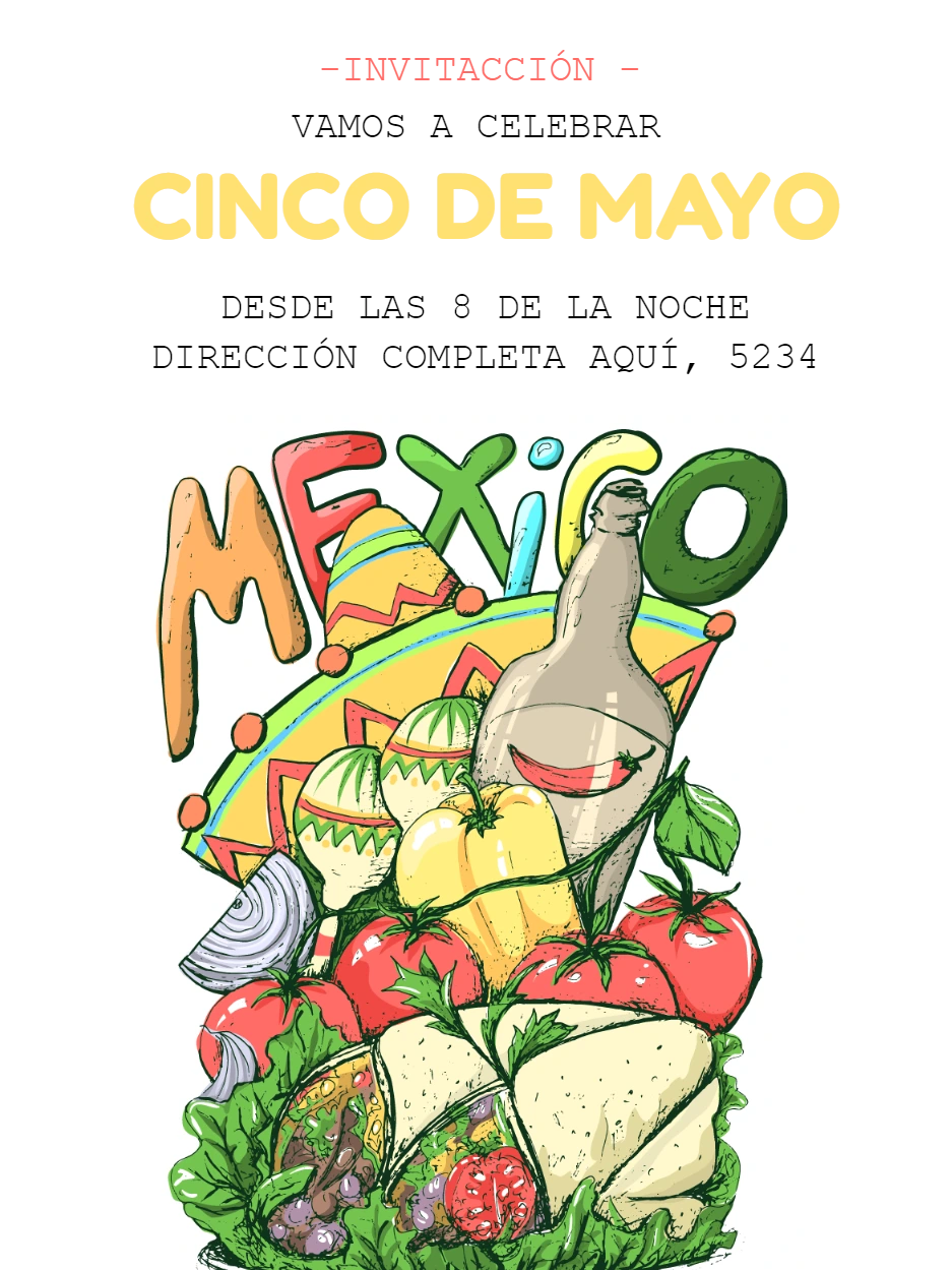 Convite Festa Mexicana Cinco de Mayo com Comida Típica para Editar