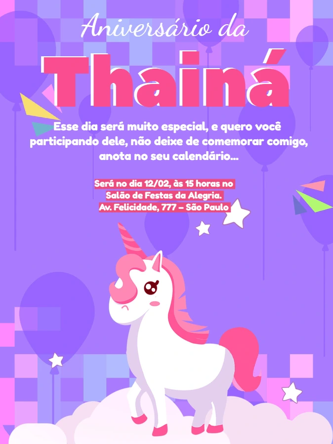 Convite Aniversário Unicórnio Menina para Editar Online