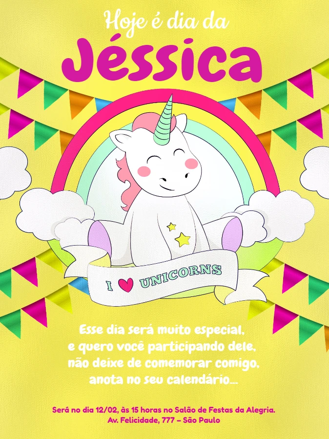 Convite de Aniversário Unicórnio Colorido para Editar Online