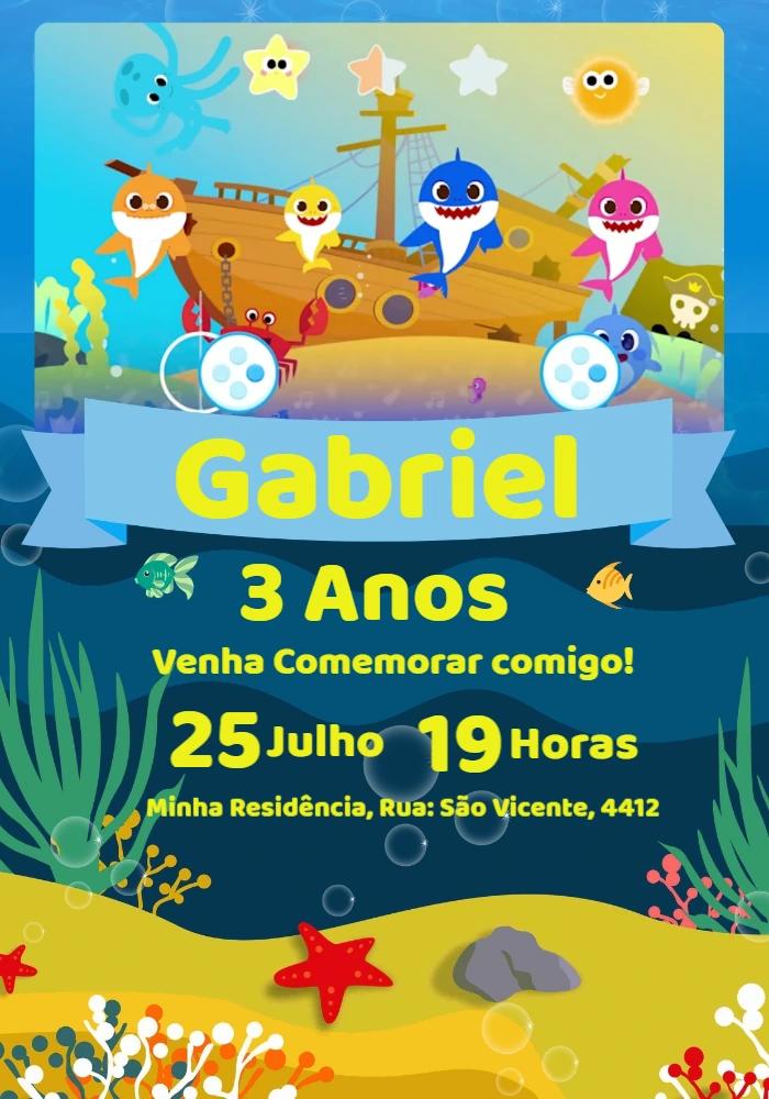 Convite de Aniversário Baby Shark para Editar Online