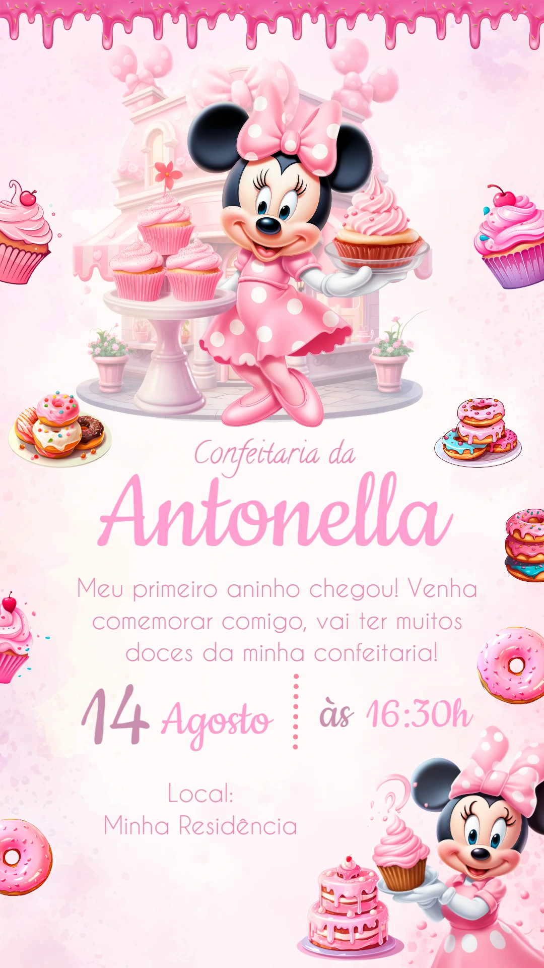 Convite Aniversário Minnie Confeitaria Rosa para Editar Online