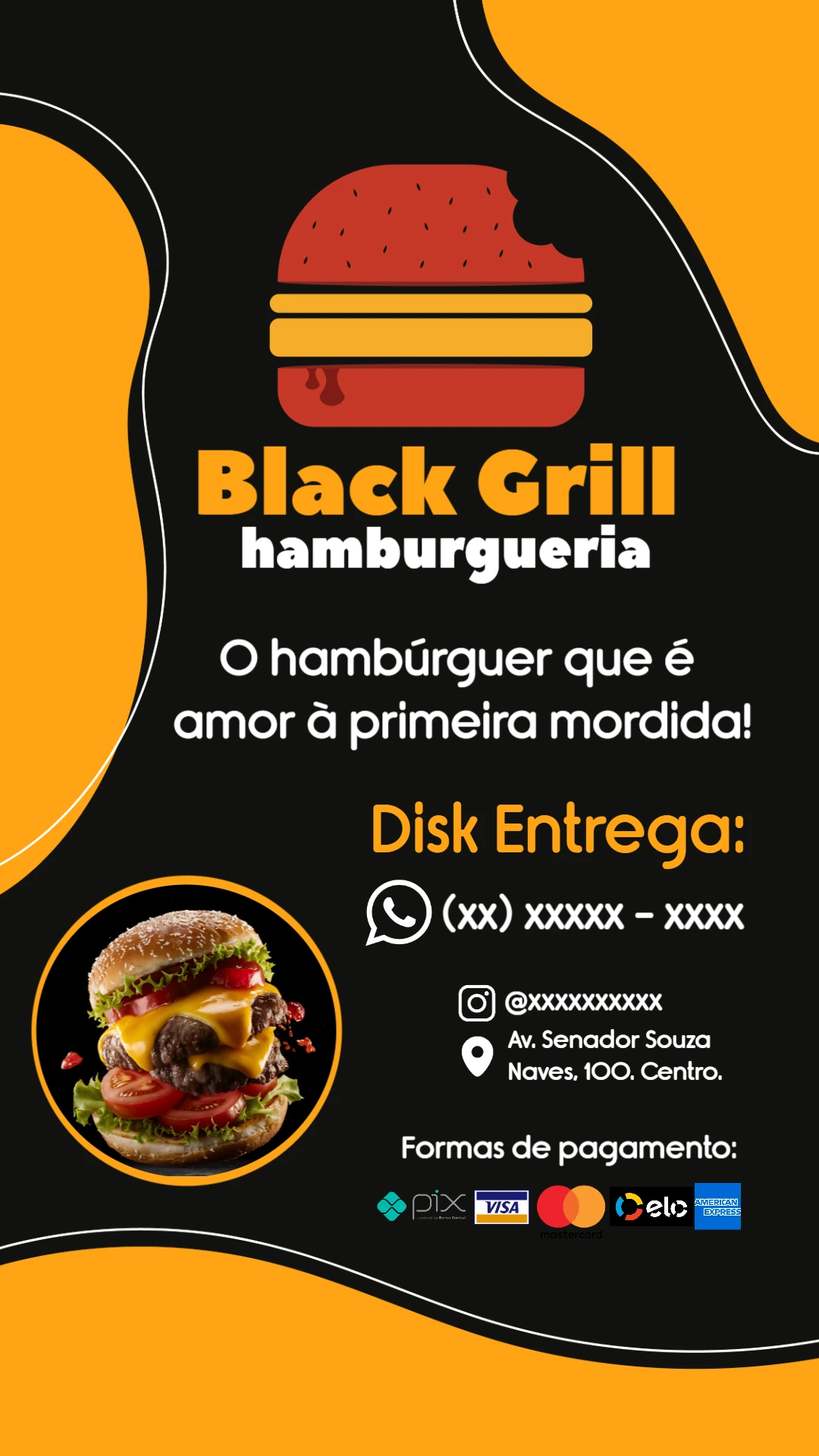 Cartão de Visita Hamburgueria com Foto para Editar Online