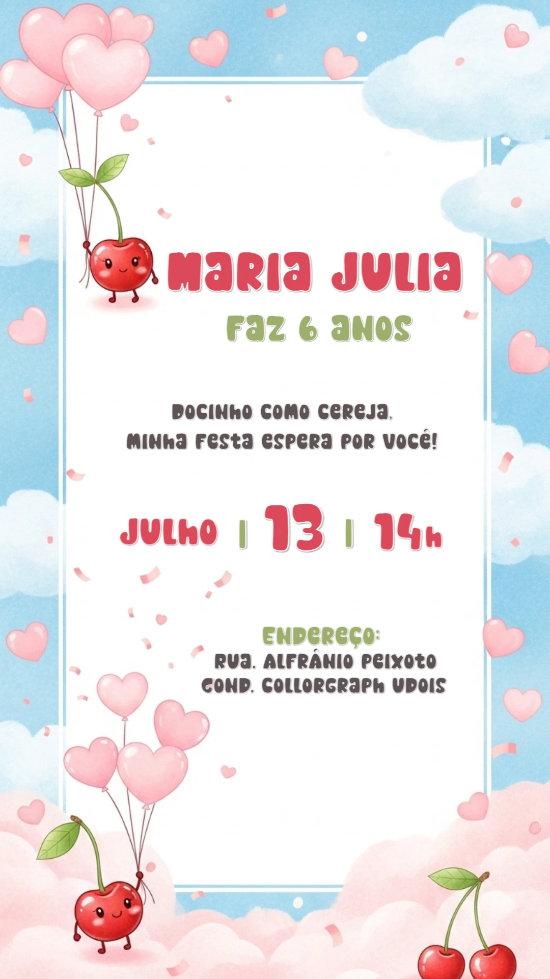 Convite de Aniversário Cerejinha Fofa para Editar Online