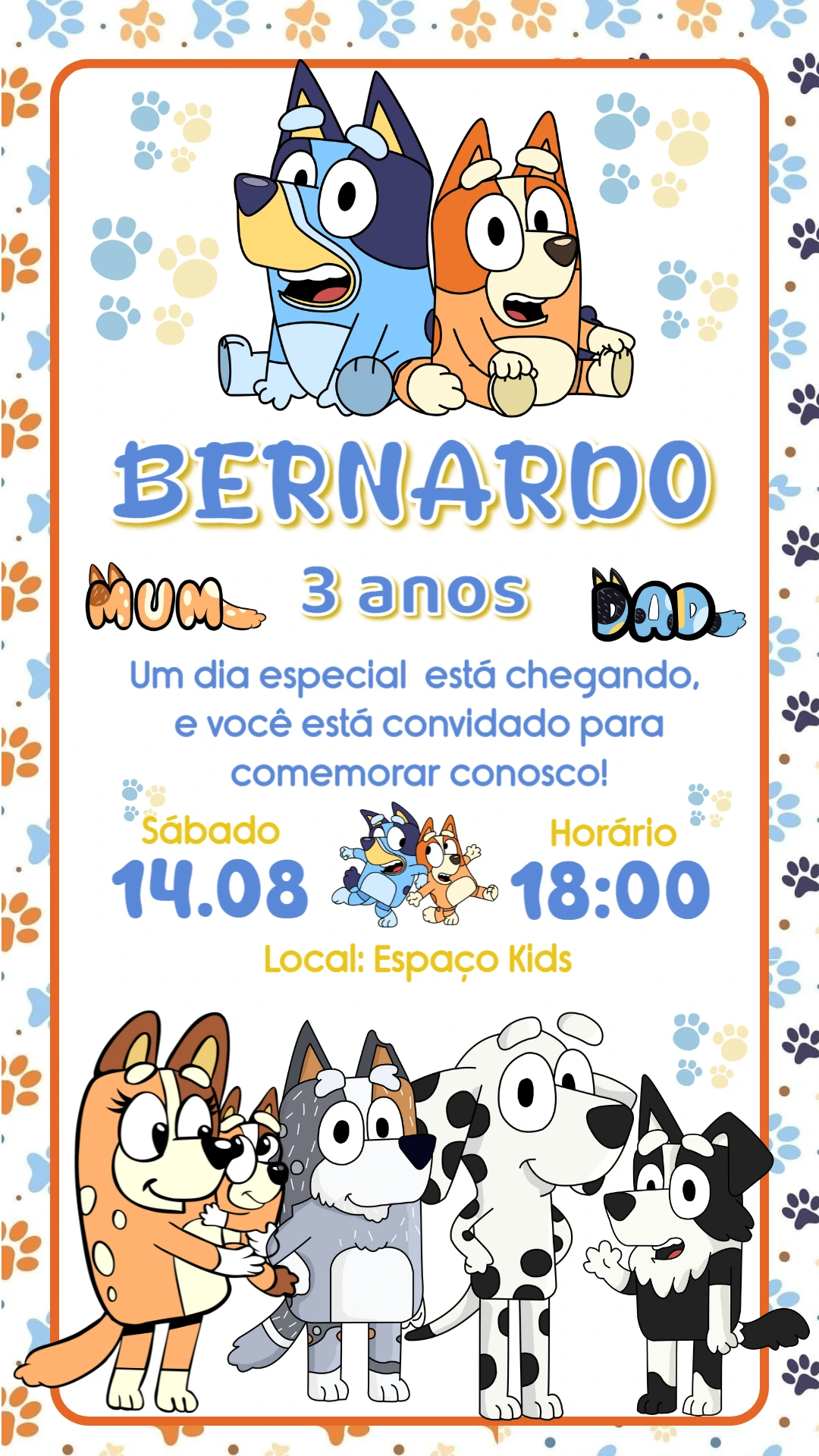 Convite de Aniversário Bluey e Bingo para Editar Online
