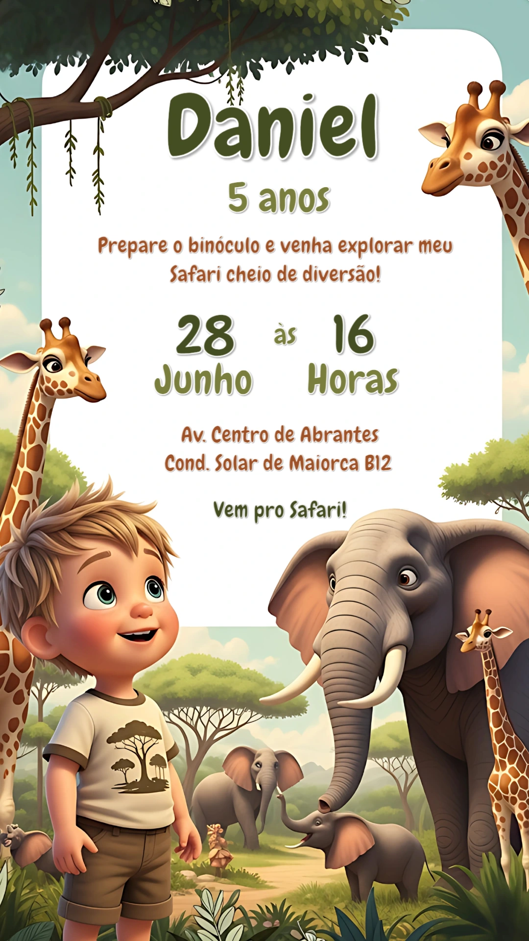 Convite Aniversário Safari com Animais para Editar Online