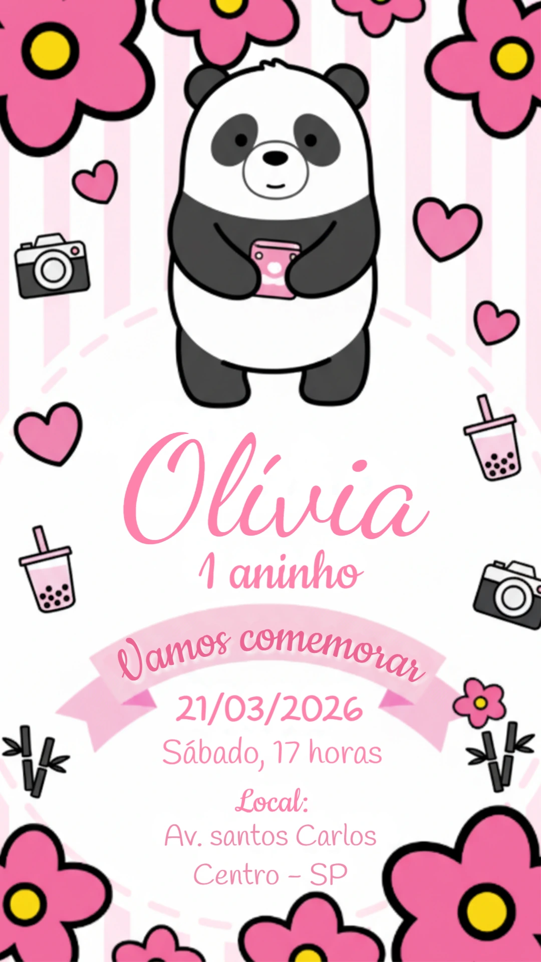 Convite de Aniversário Panda Fofo Rosa para Editar Online