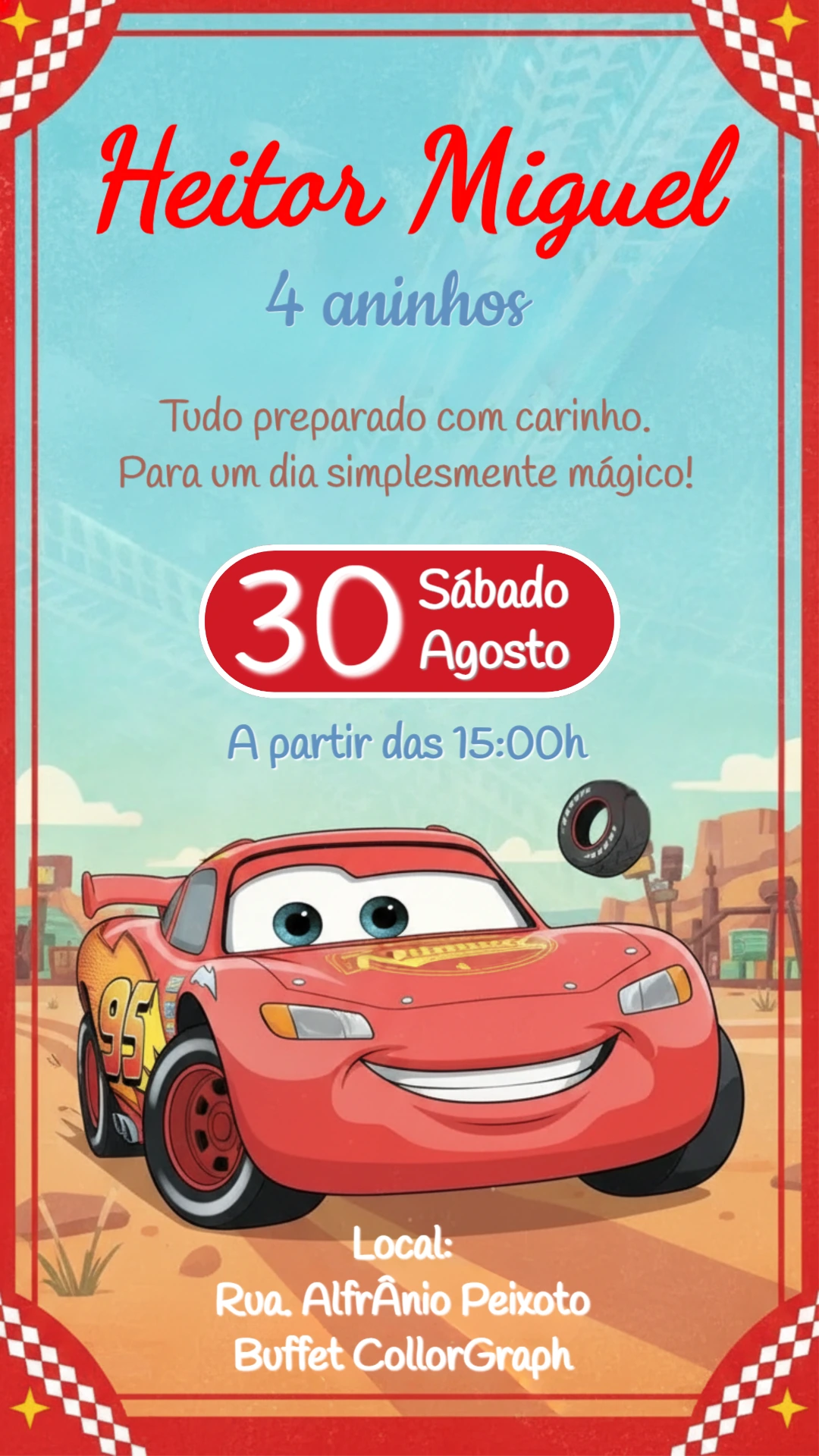 Convite de Aniversário Carros Relâmpago McQueen Modelo Editável