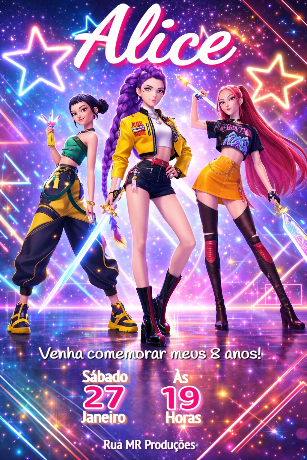 Convite Digital Aniversário Guerreiras do K-pop Neon para Editar