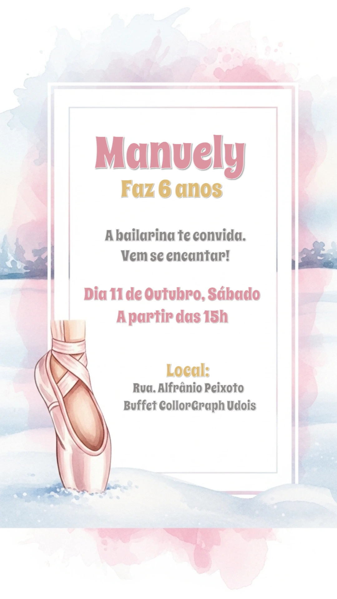 Convite Aniversário Bailarina Delicado para Editar Online