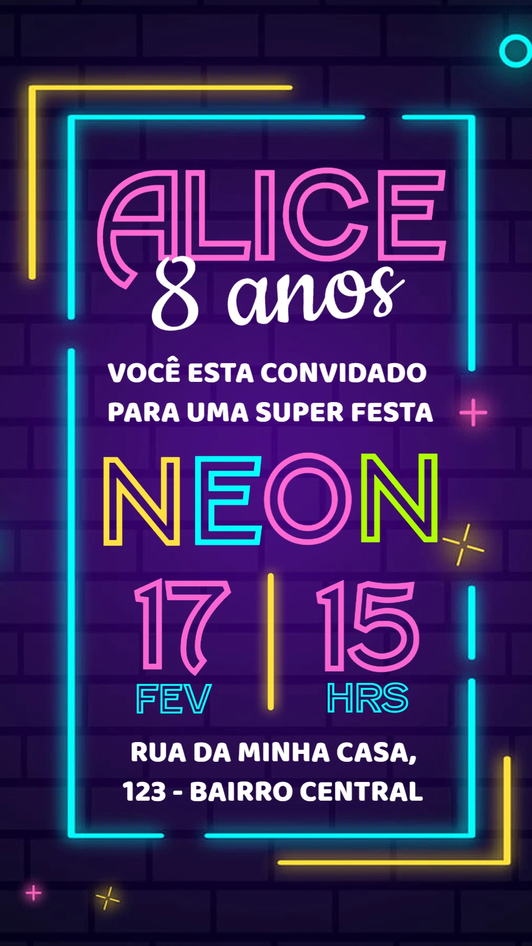 Convite de Aniversário Neon Editável para Enviar Online