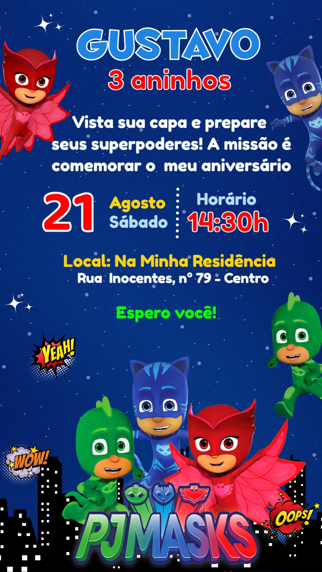 Convite de Aniversário PJ Masks para Editar Online