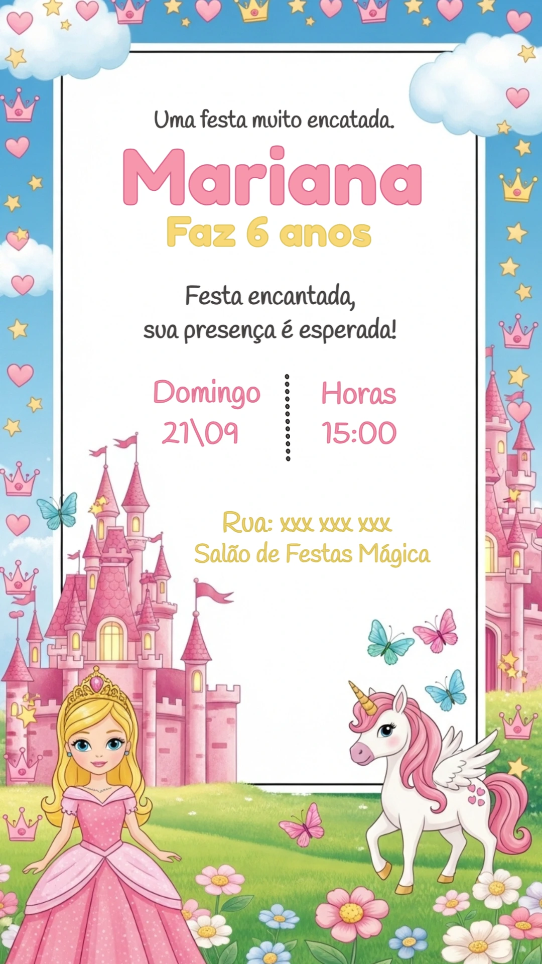 Convite Aniversário Princesa e Unicórnio para Editar Online