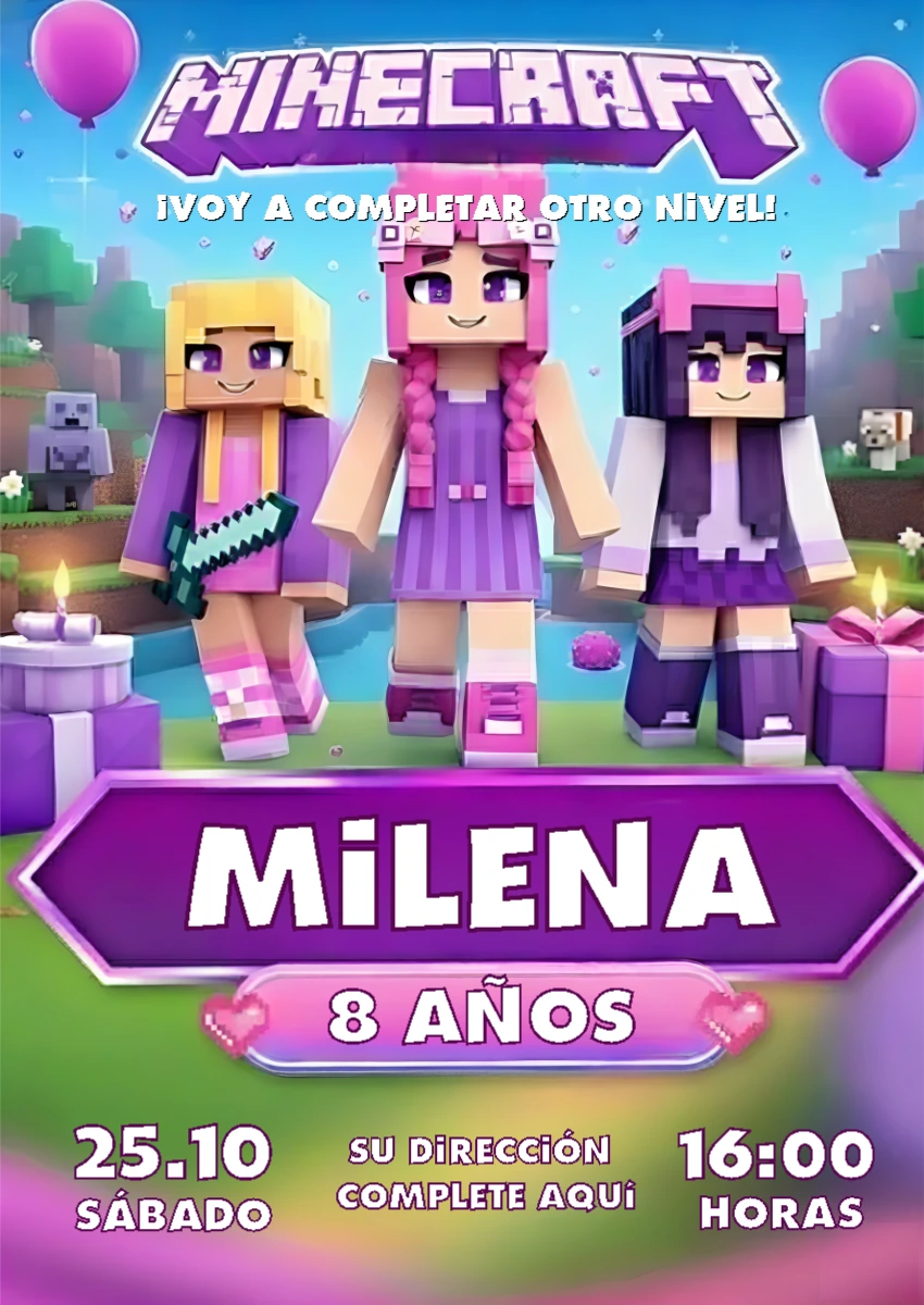 Invitación de Cumpleaños Minecraft Chica para Editar Online