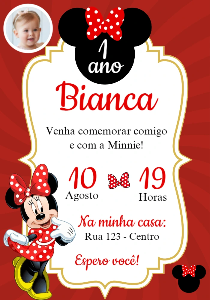 Convite Aniversário Minnie Vermelha com Foto para Editar