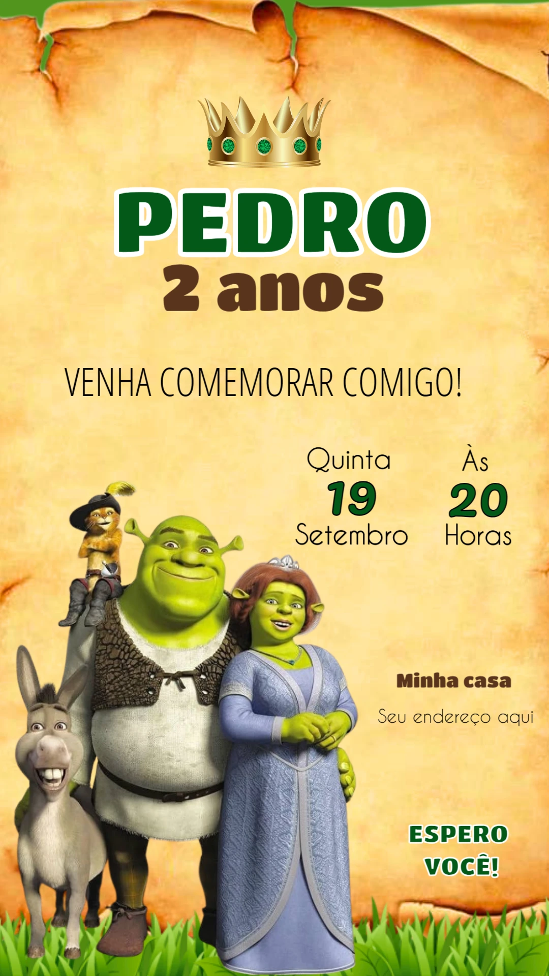 Convite de Aniversário Shrek com Personagens para Editar Online