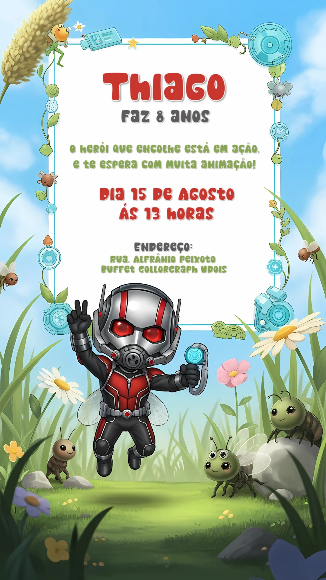 Convite de Aniversário Homem Formiga para Editar Online