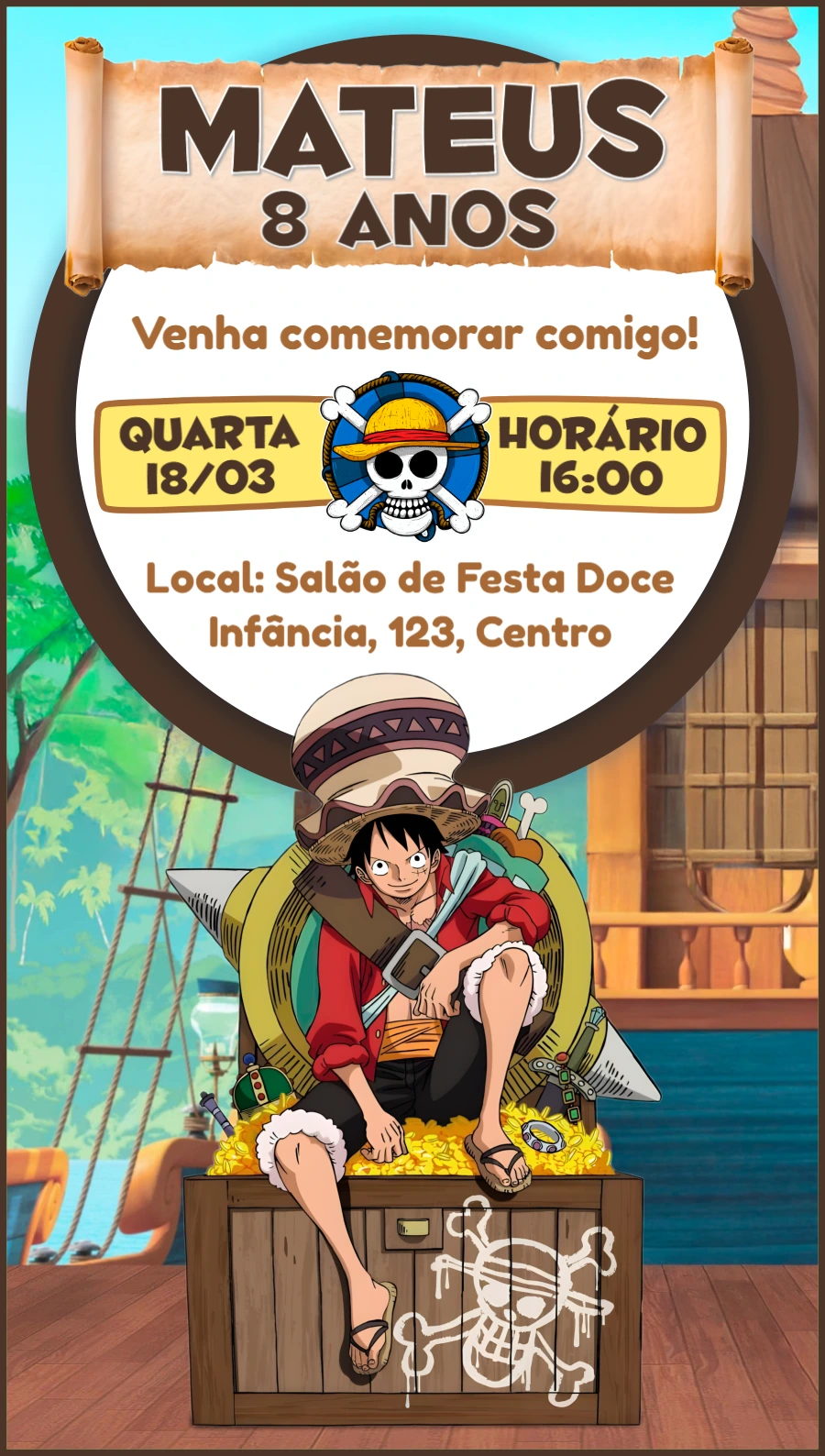 Convite de Aniversário One Piece com Luffy para Editar Online