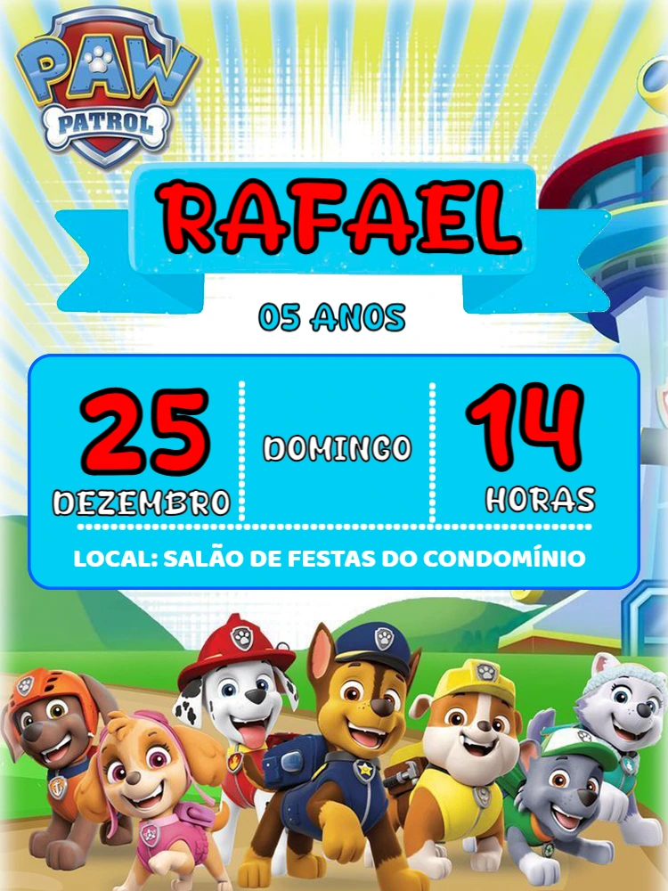 Convite de Aniversário Patrulha Canina para Editar Online