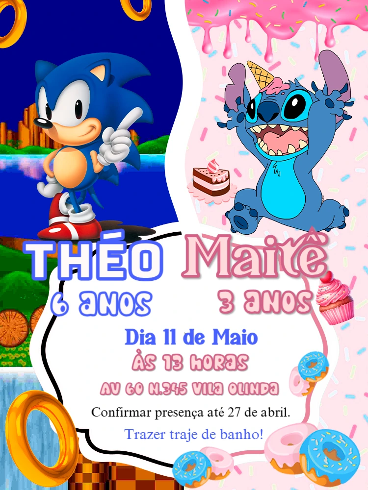 Convite Aniversário Duplo Sonic e Stitch para Editar Online