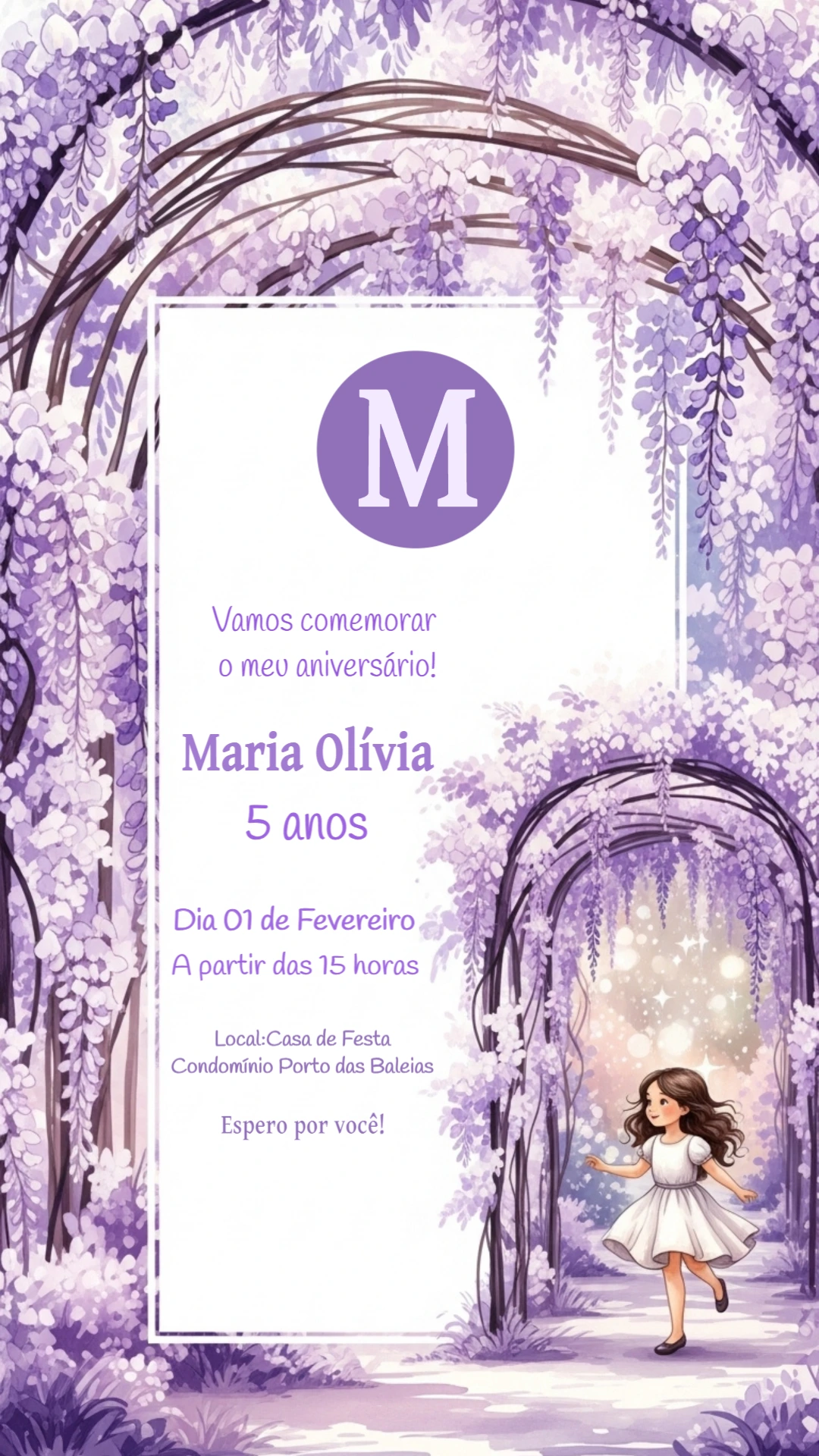 Convite Aniversário Jardim Encantado Lilás para Editar Online