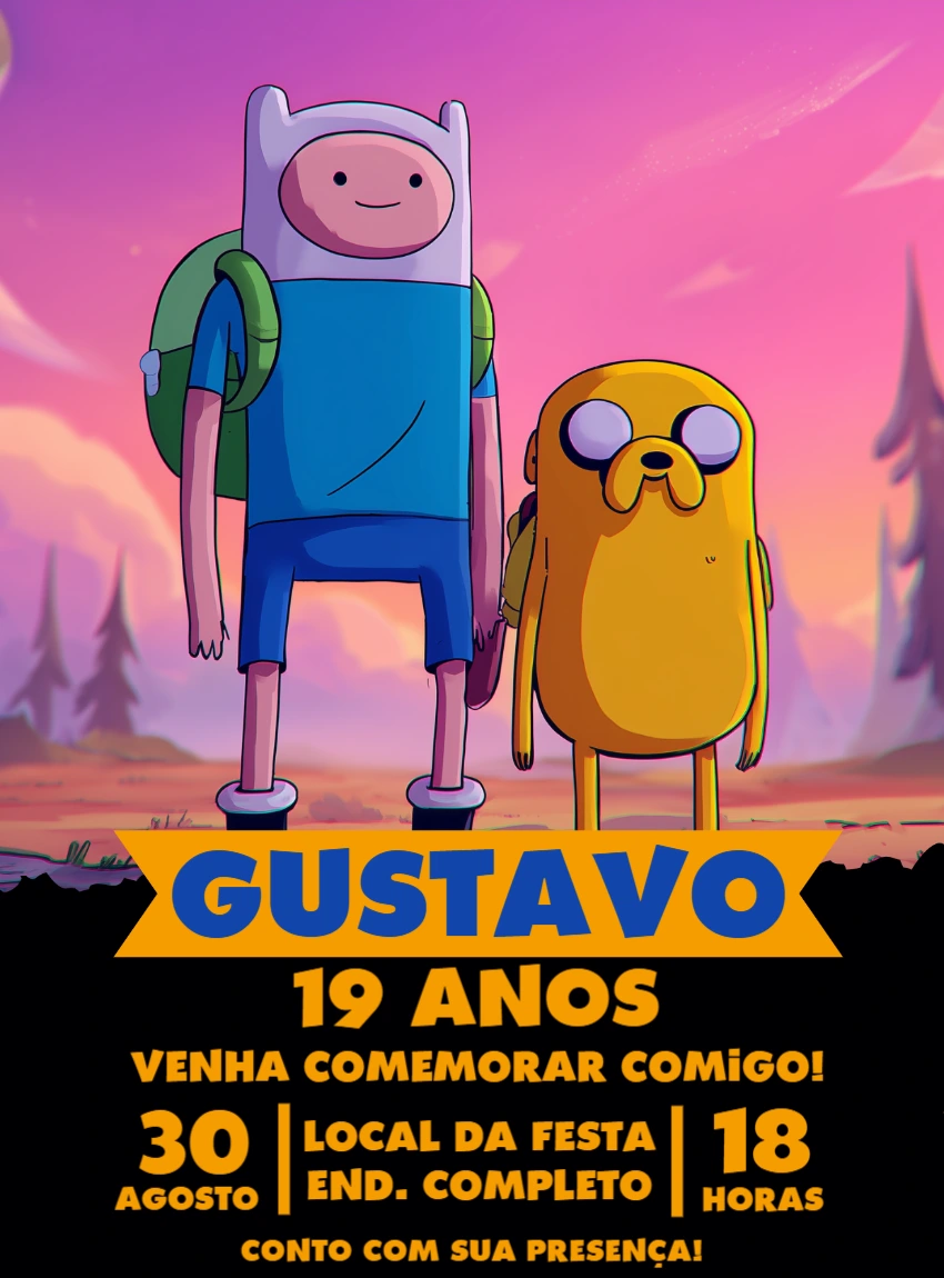 Convite de Aniversário Hora de Aventura com Finn e Jake para Editar