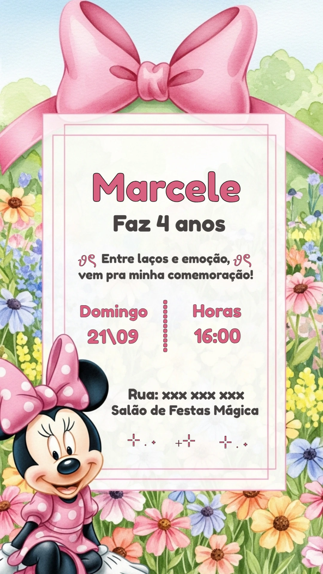 Convite Aniversário Minnie Rosa Jardim para Editar Online