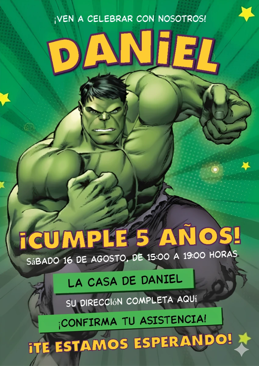 Invitación de Cumpleaños de Hulk para Editar Online