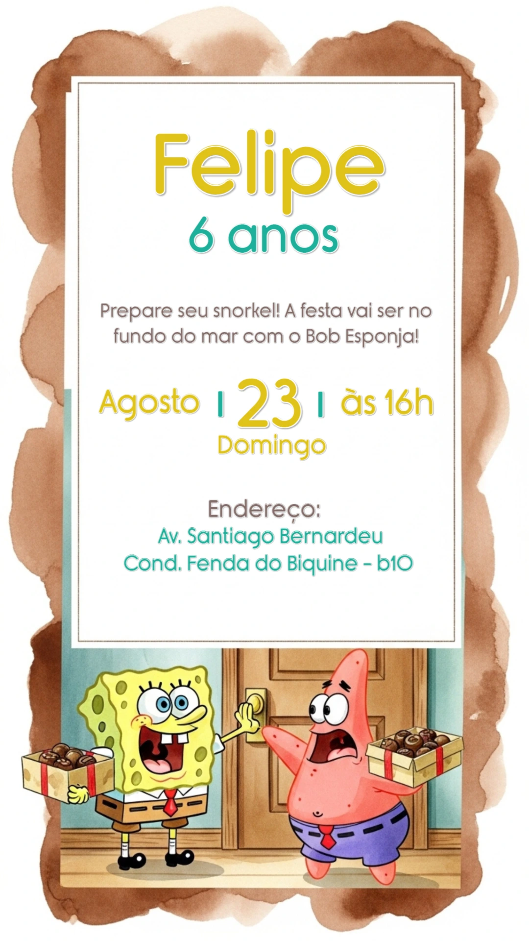 Convite Aniversário Bob Esponja para Editar Online