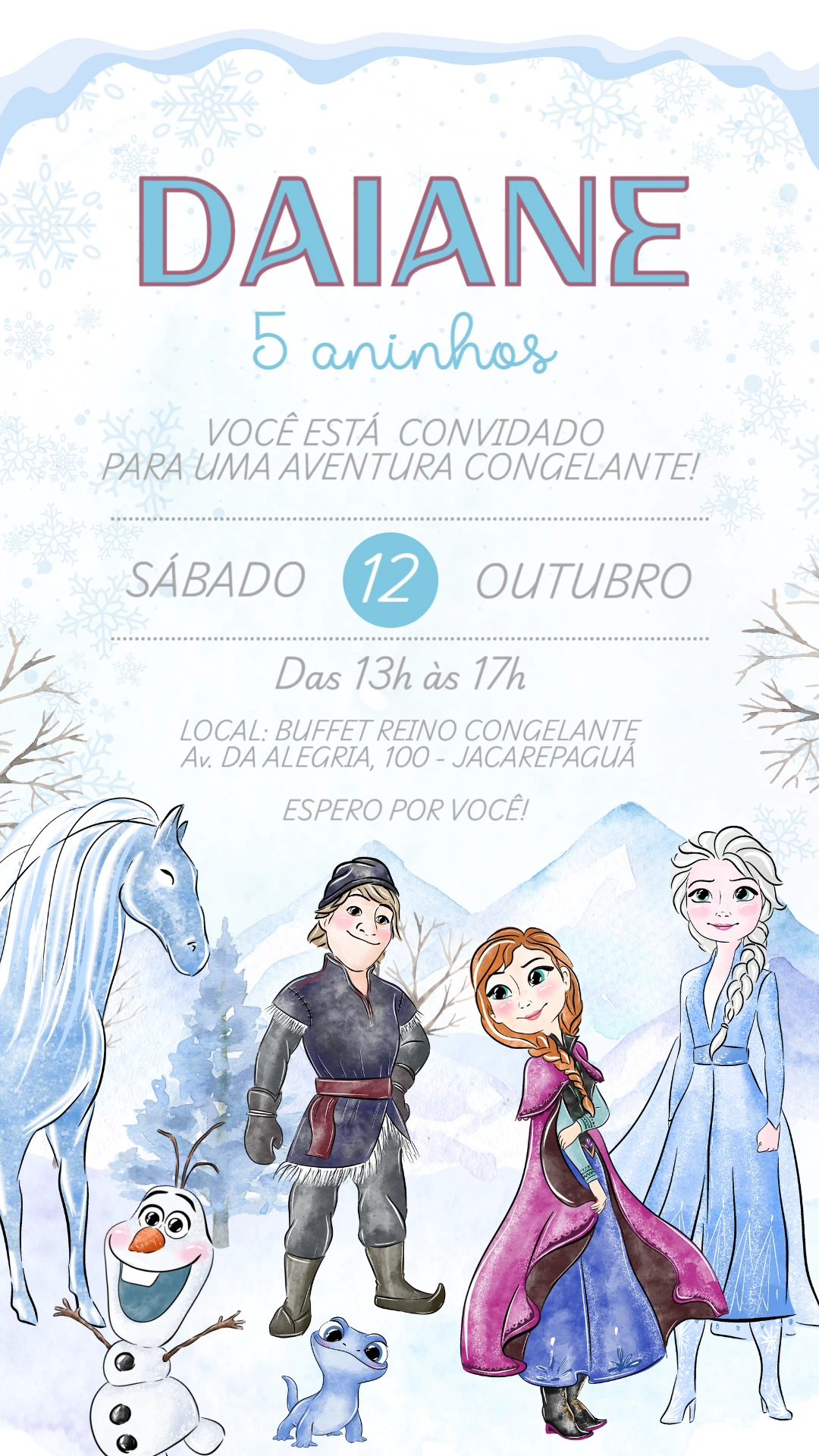 Convite Aniversário Frozen com Personagens para Editar Online