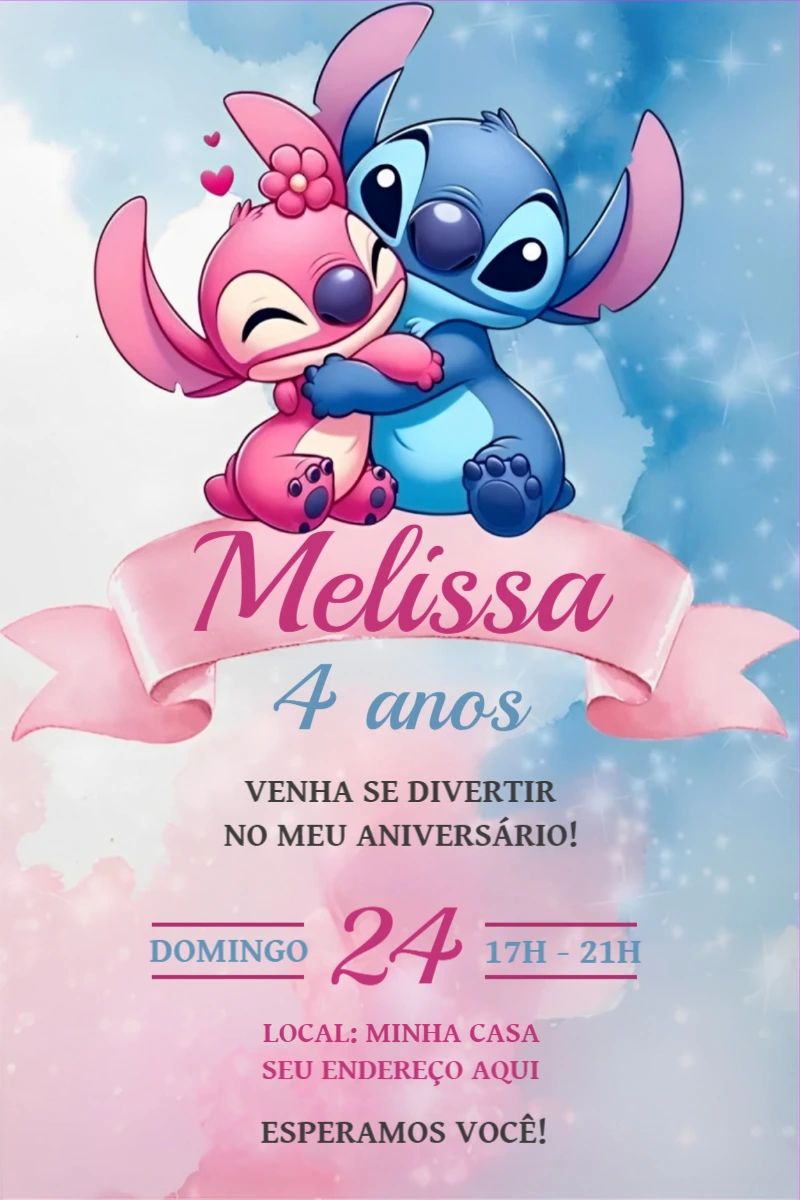Convite de Aniversário Stitch e Angel para Editar Online