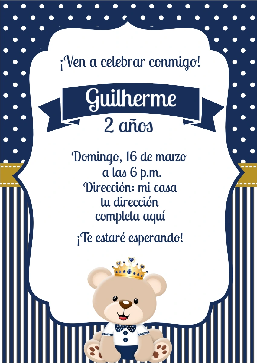 Invitación de Cumpleaños Osito Príncipe Azul Editable