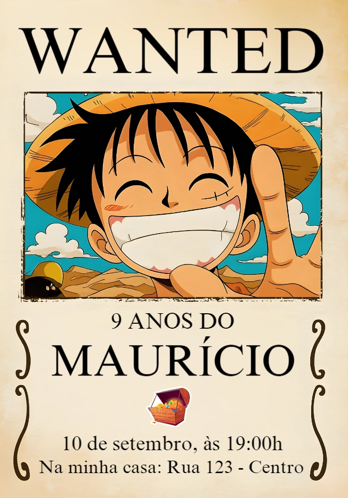 Convite Aniversário One Piece Procurado Editável Online