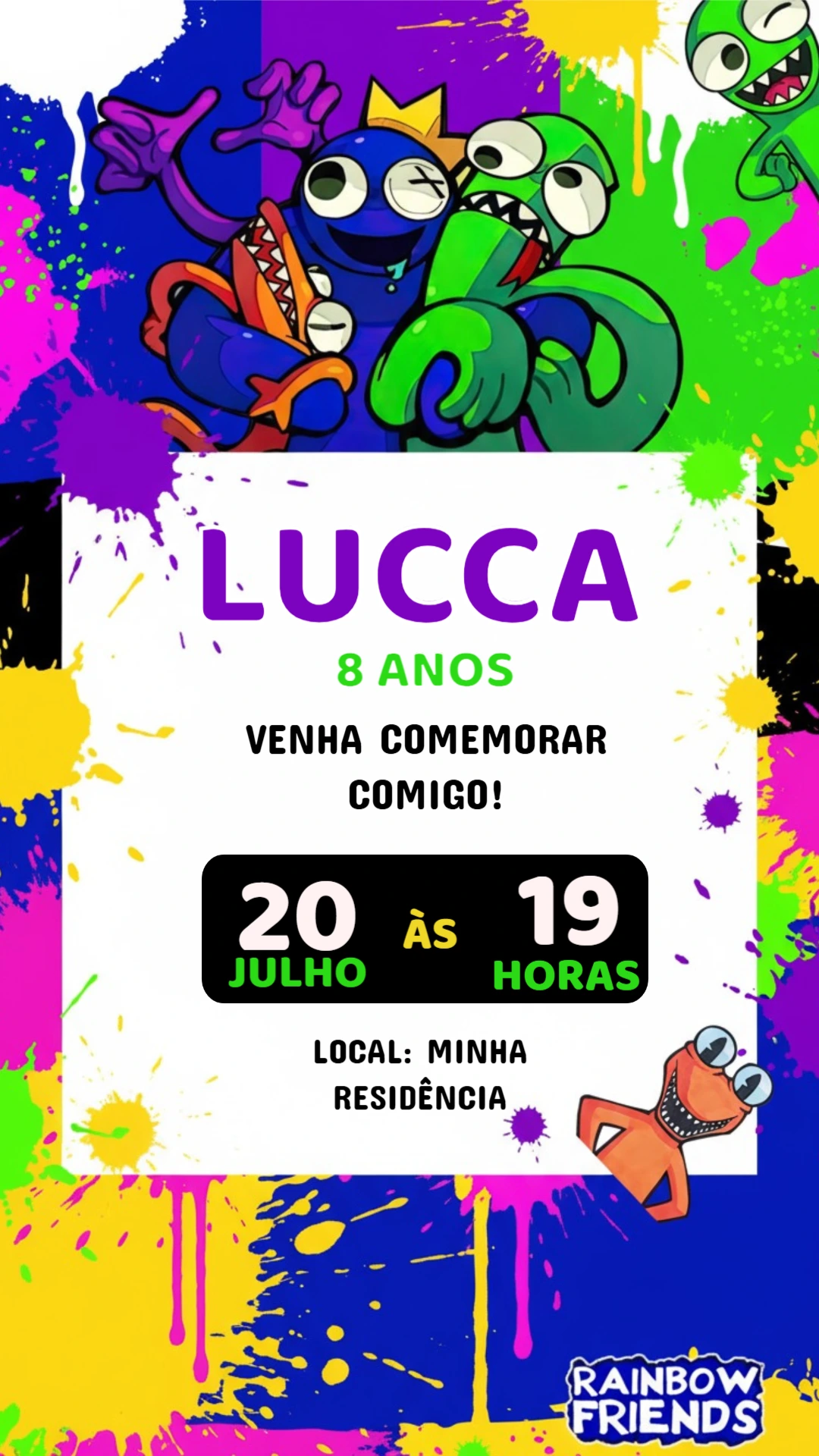 Convite de Aniversário Rainbow Friends Colorido para Editar
