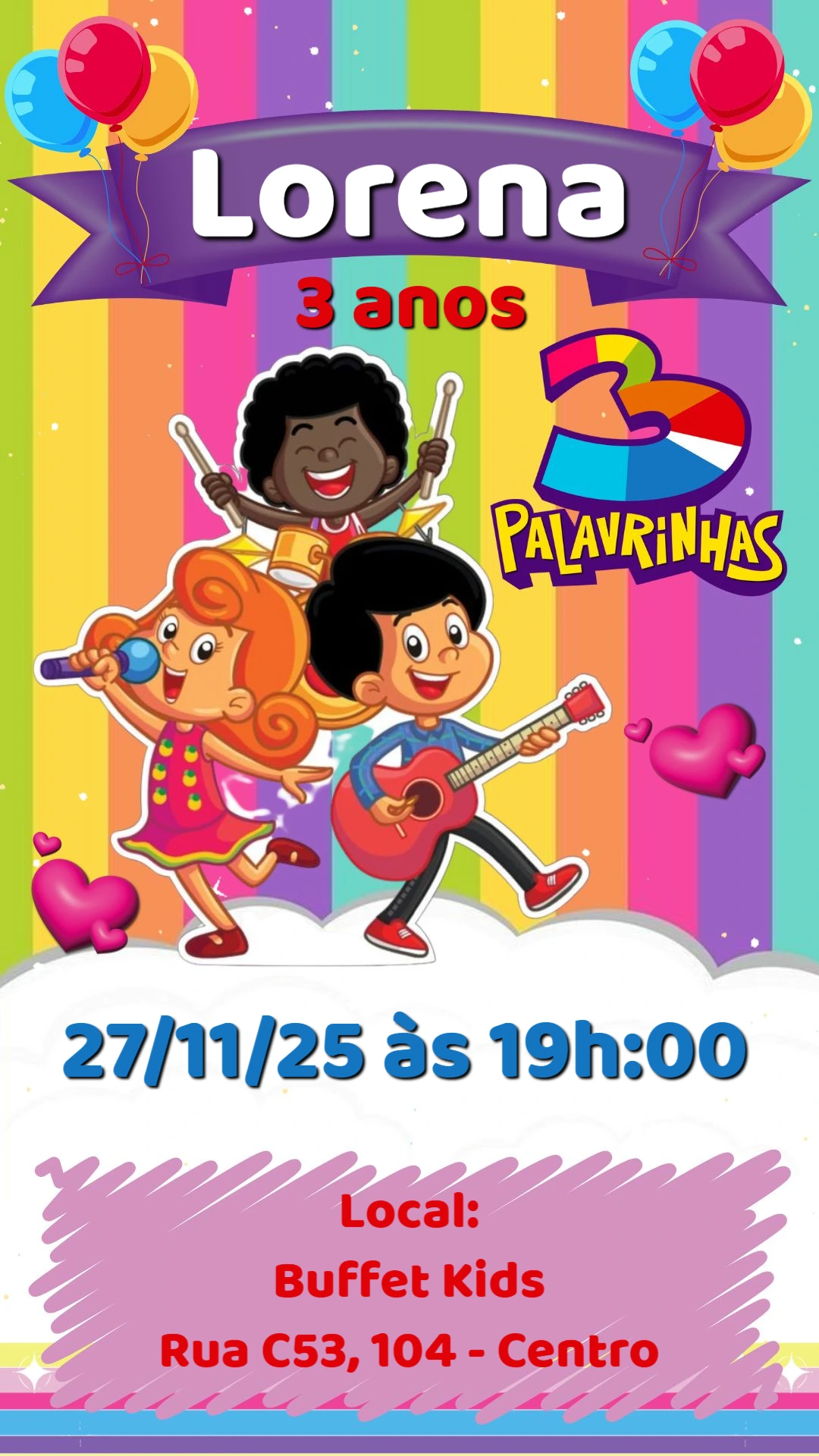 Convite de Aniversário 3 Palavrinhas para Editar Online