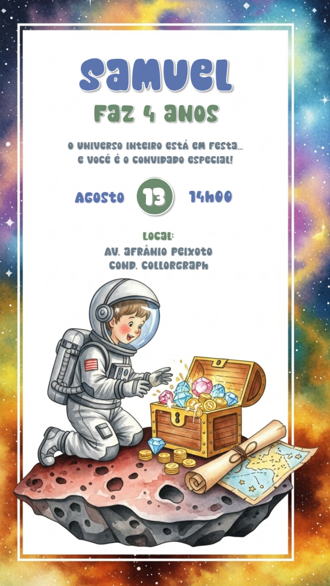 Convite Aniversário Astronauta Tesouro no Espaço para Editar