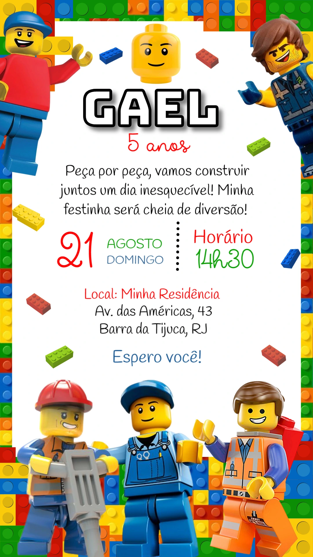Convite de Aniversário Lego com Personagens para Editar Online