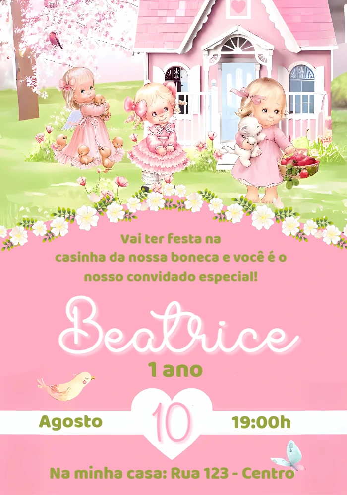 Convite de Aniversário Casa de Bonecas para Editar Online